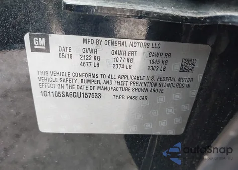 2016 Chevrolet Impala 1Lt from USA, damaged, VIN 1G1105SA6GU157633